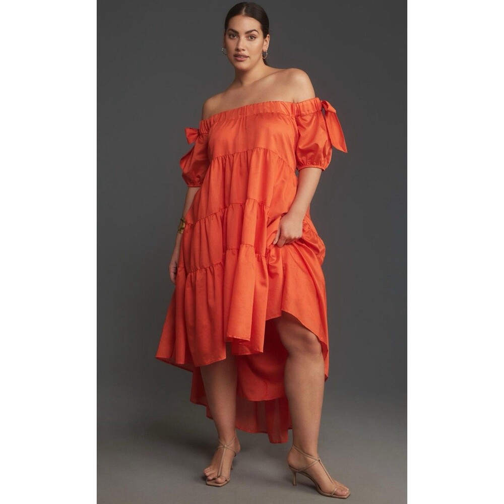 Anthropologie Midi Dress Orange Off The Shoulder Preppy Resort Boho Small NWT